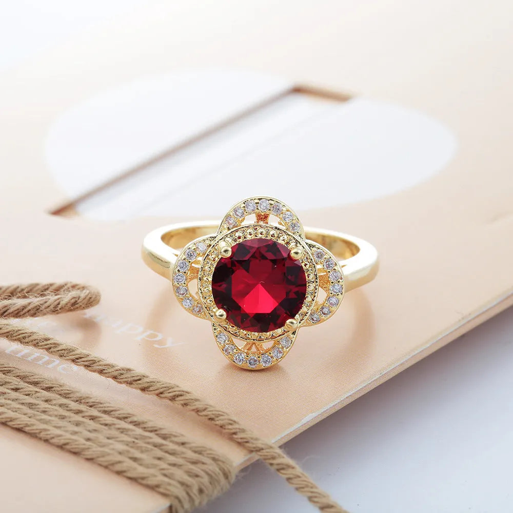 Copper fruit-shaped ring with zircon inlay, electroplated finish, available in sizes 7, 8, 9.