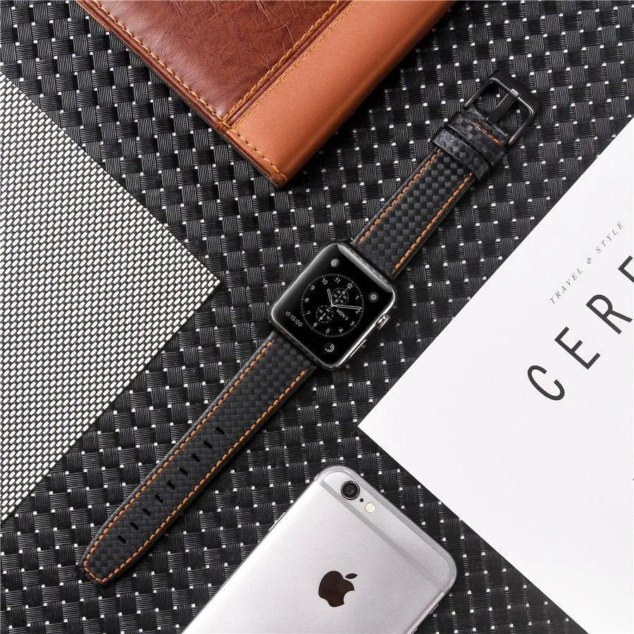 Apple Watch compatible leather strap with carbon fibre pattern case in multiple colours