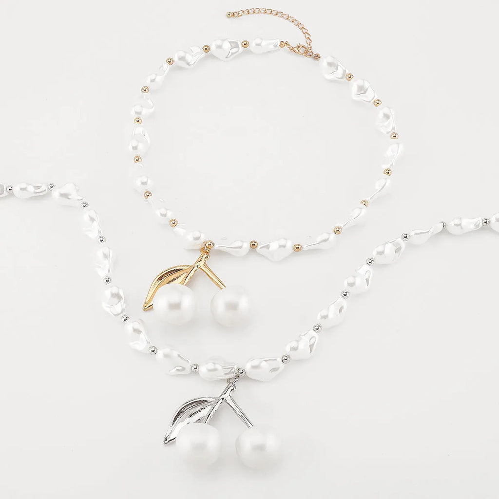 Alloy imitation pearl necklace with irregular geometric cherry fruit pendant on pearl chain
