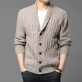 Man wearing a grey Korean-style jacquard patterned knitted cardigan jacket.
