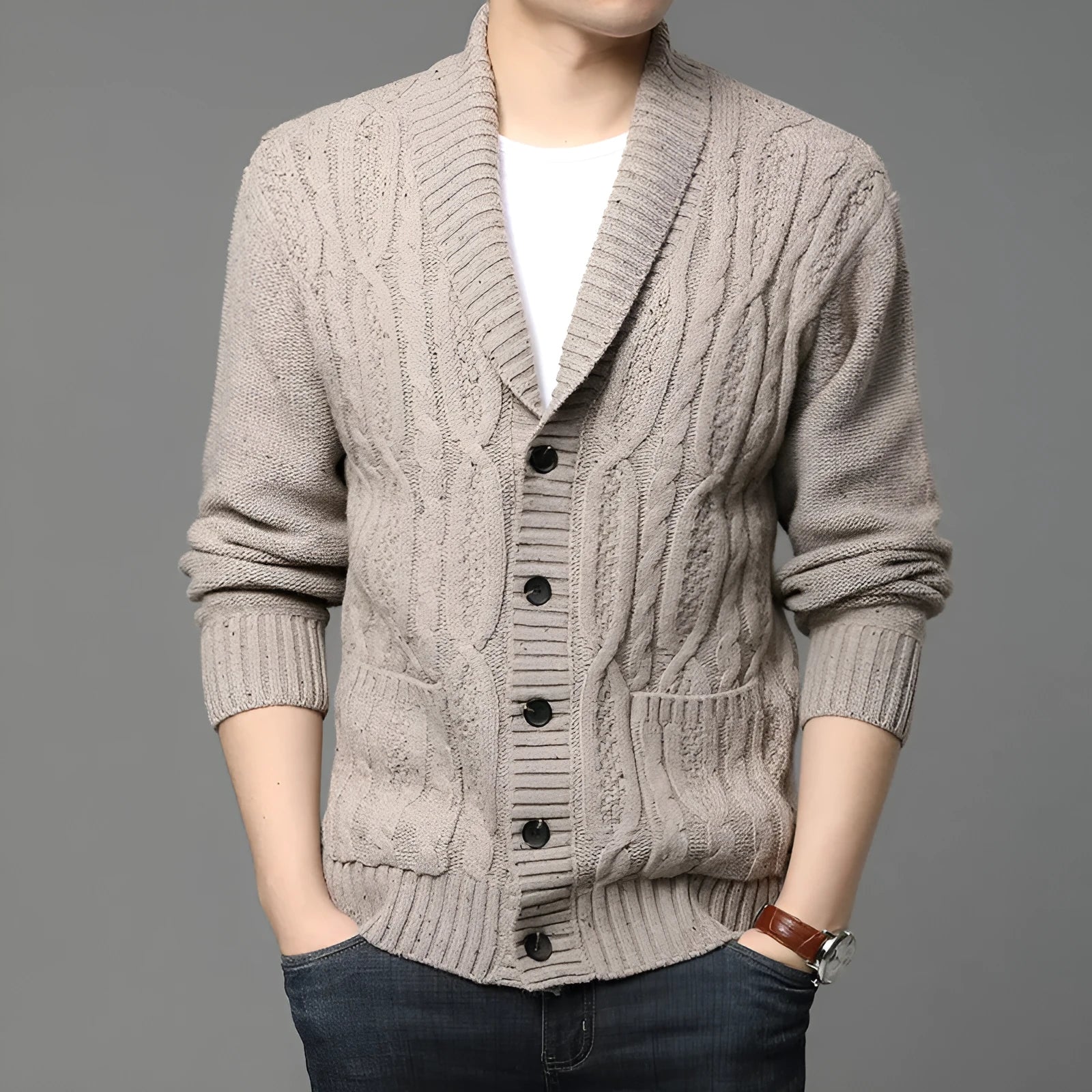 Man wearing a grey Korean-style jacquard patterned knitted cardigan jacket.