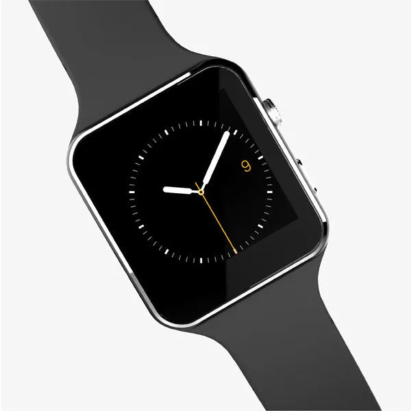 Black smart watch with 1.54 inch touch screen and silicone strap on a wrist