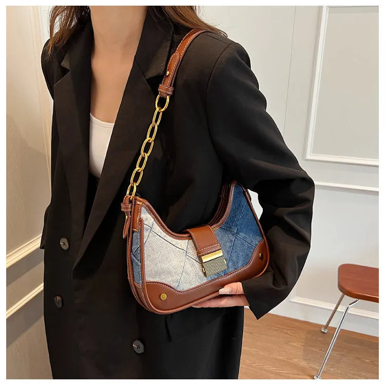 Brown denim women's shoulder bag with diamond mesh panel and chain strap detailing