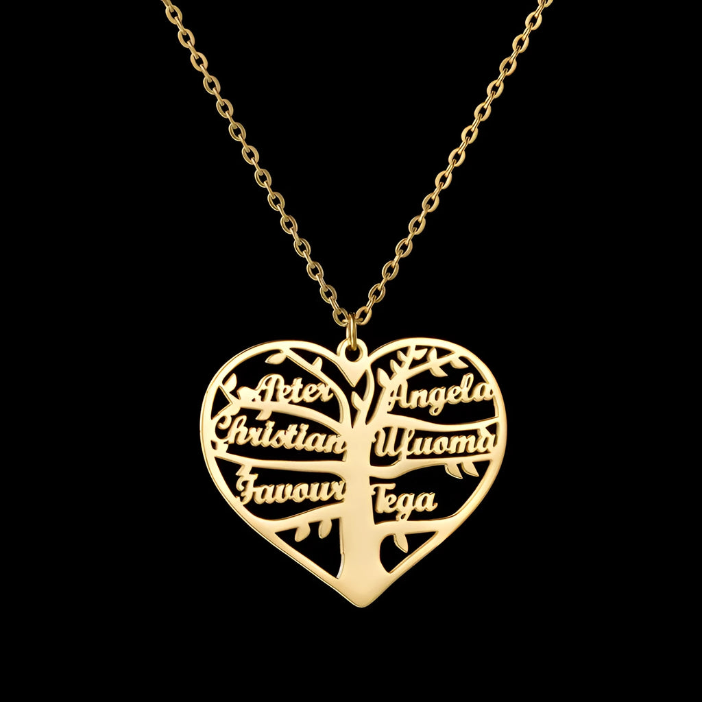 Women's personalised stainless steel necklace with hollow heart life tree pendant for custom names