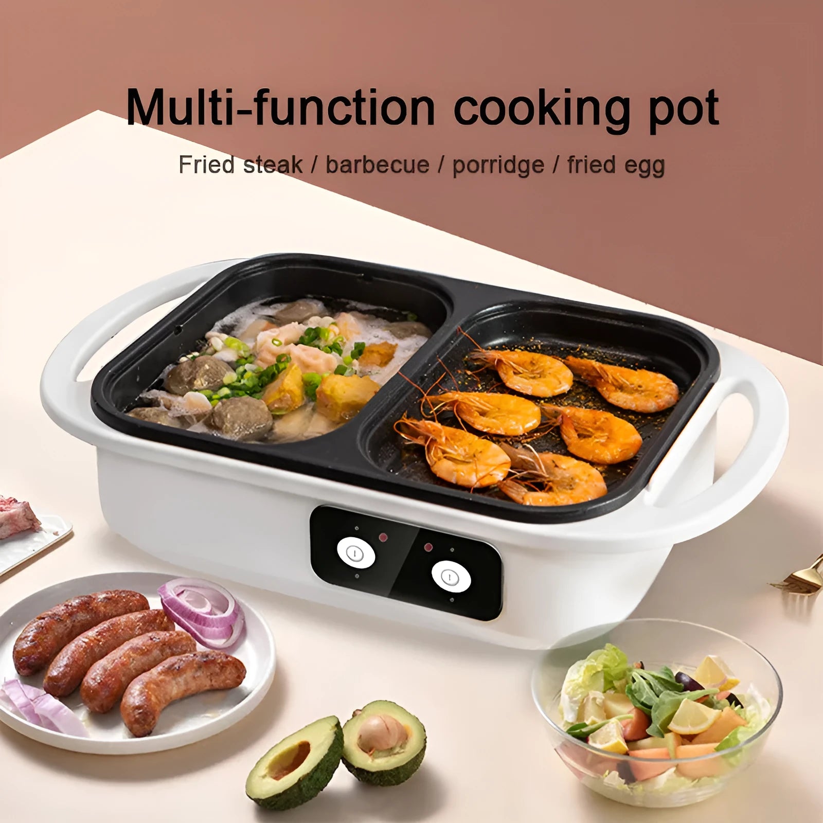 White or green electric hot pot appliance with dual caldron and frying oven functions for 2-3 people