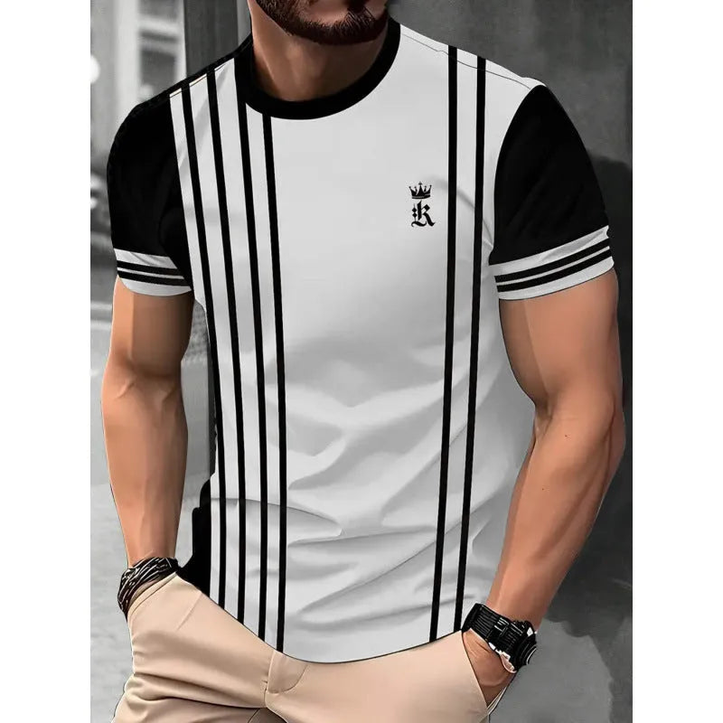 Men's loose fit casual t-shirt with 3D printed striped pattern on polyester fabric.