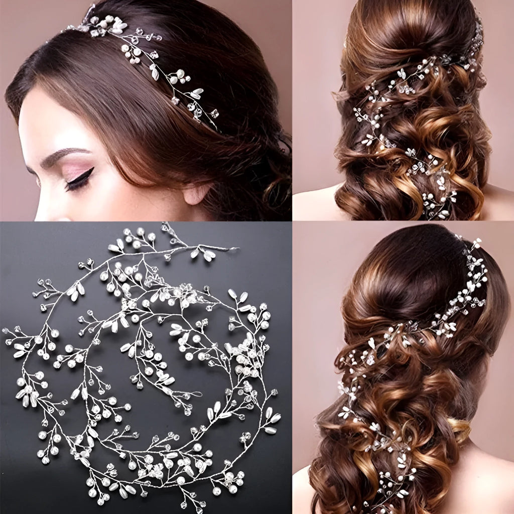 Gold bridal hair band with crystals and pearls on a copper wire base