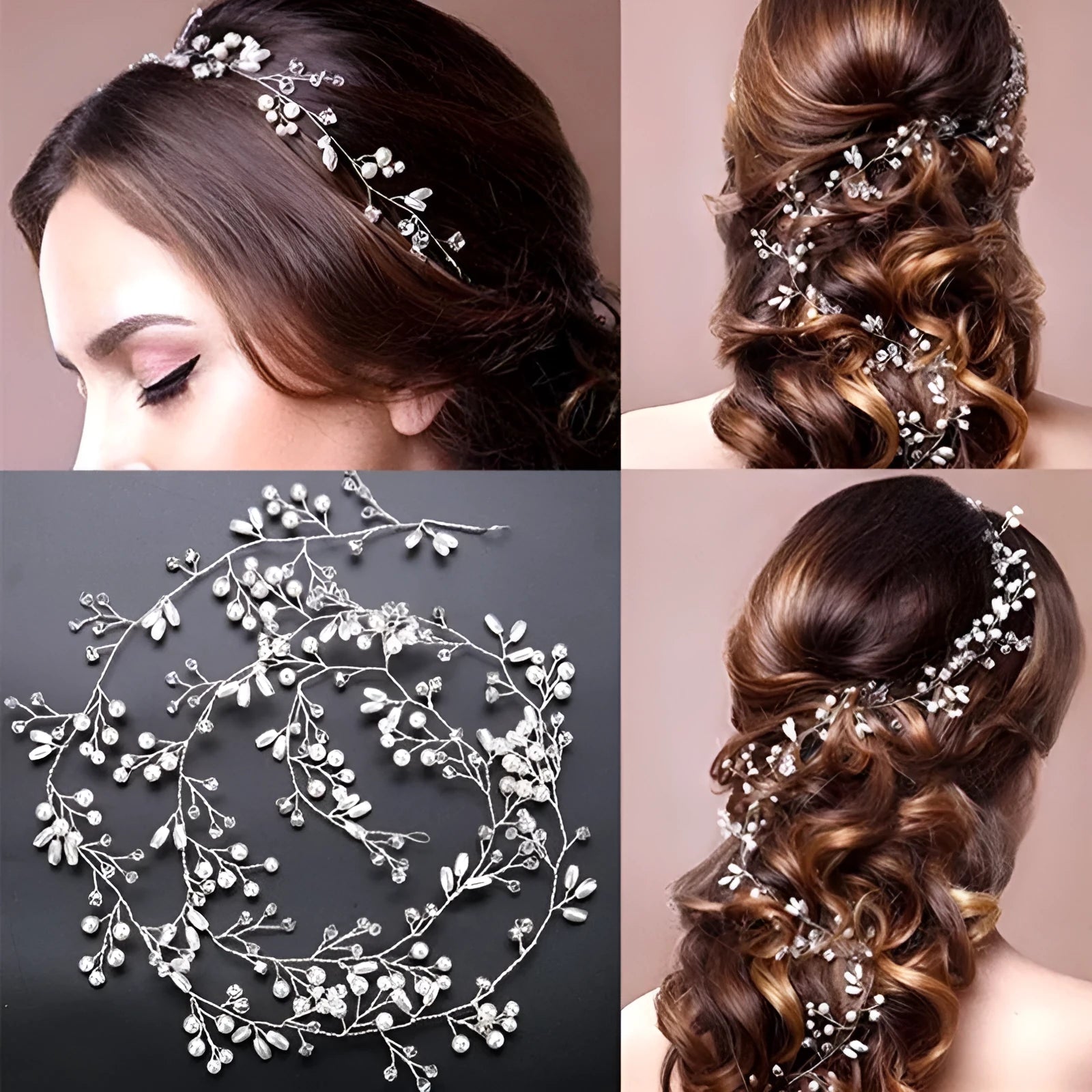 Gold bridal hair band with crystals and pearls on a copper wire base