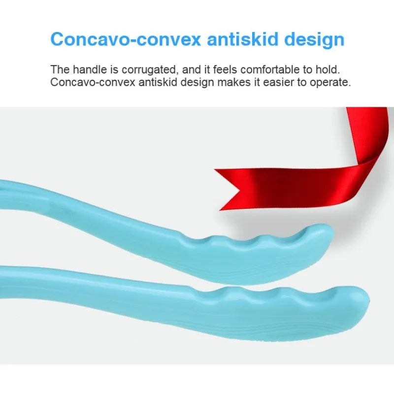 Blue manual neck massager hand roller with swan design and adjustable stand on a white background.