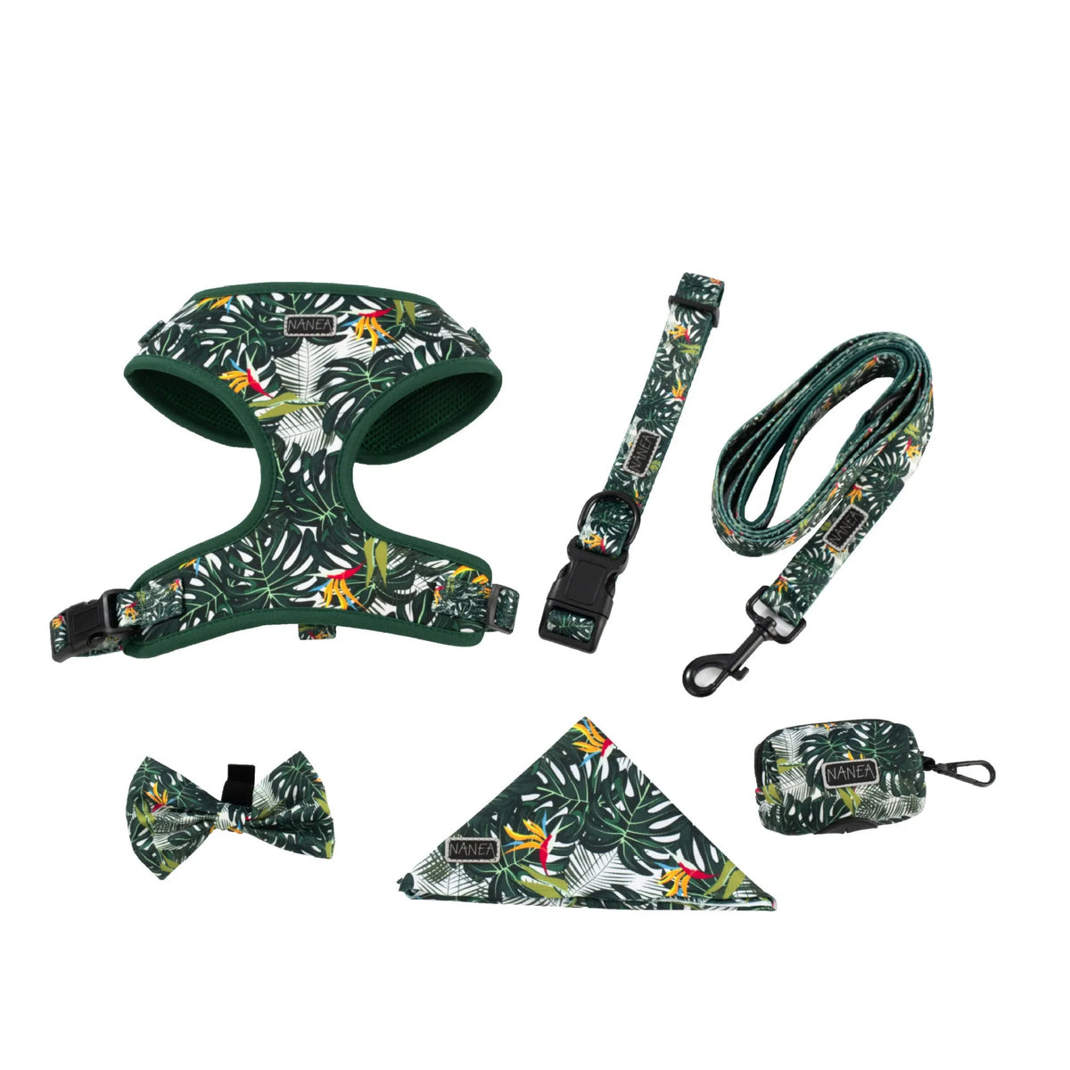 Adjustable cloth dog harness set with leash, collar, waste bag, bow, and bib accessories