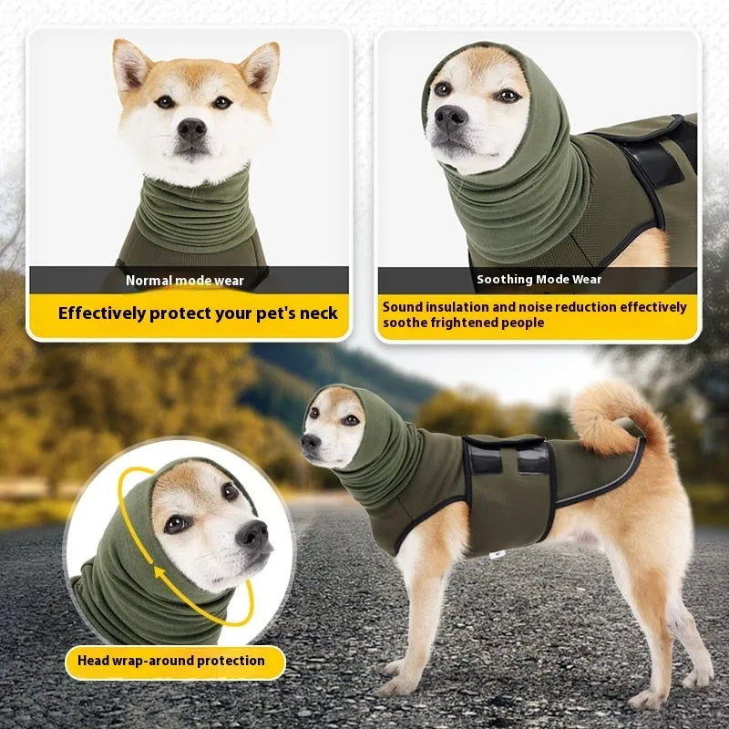 Polyester dog anti-anxiety jacket in army green or dark blue available in seven sizes from XS to XXXL
