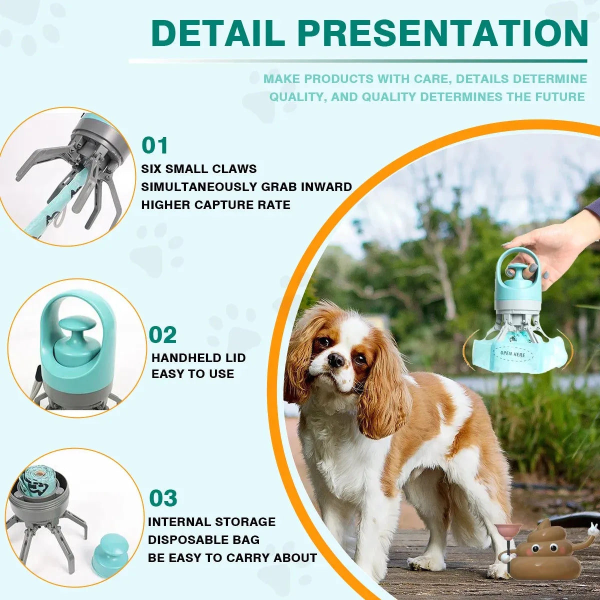 Blue and orange ABS plastic pet pooper scooper with claw and bag dispenser.