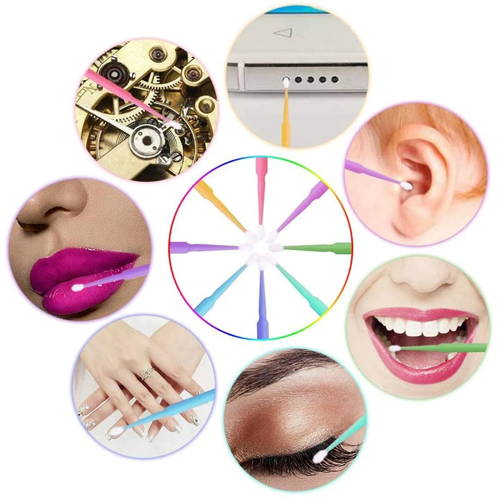Disposable micro applicator brushes with bendable cotton tips and colour-coded handles for eyelash extensions