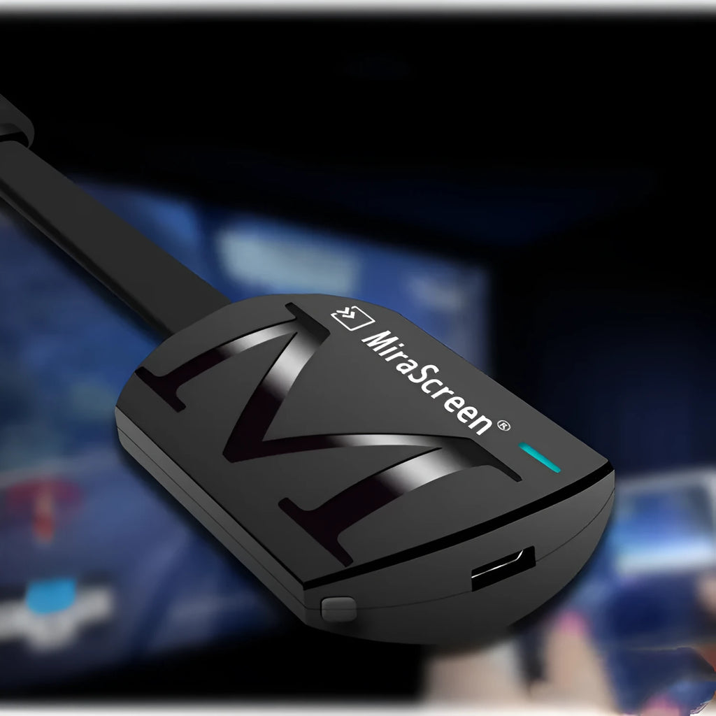 Black USB HDMI screen mirroring dongle for smart phones with 52mm compact size.