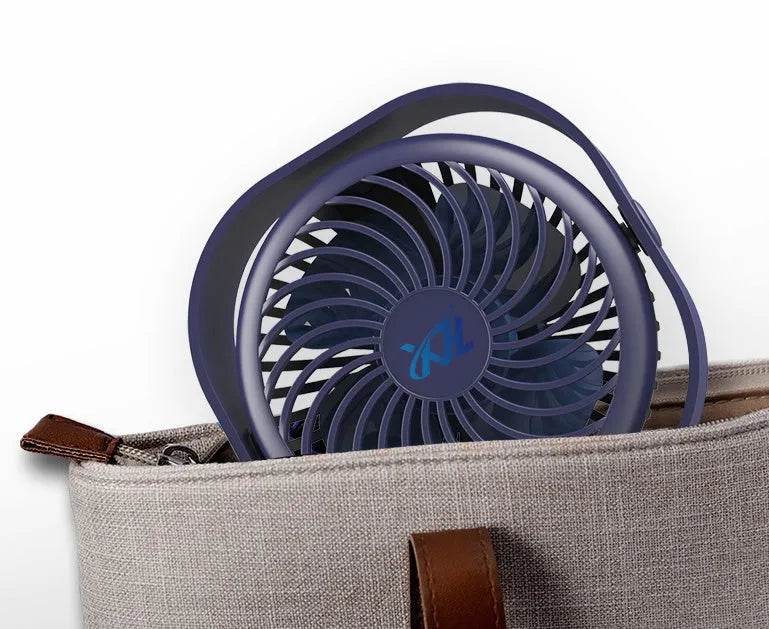 USB charging desk fan with alarm clock display in blue, showing 360-degree rotation capability.