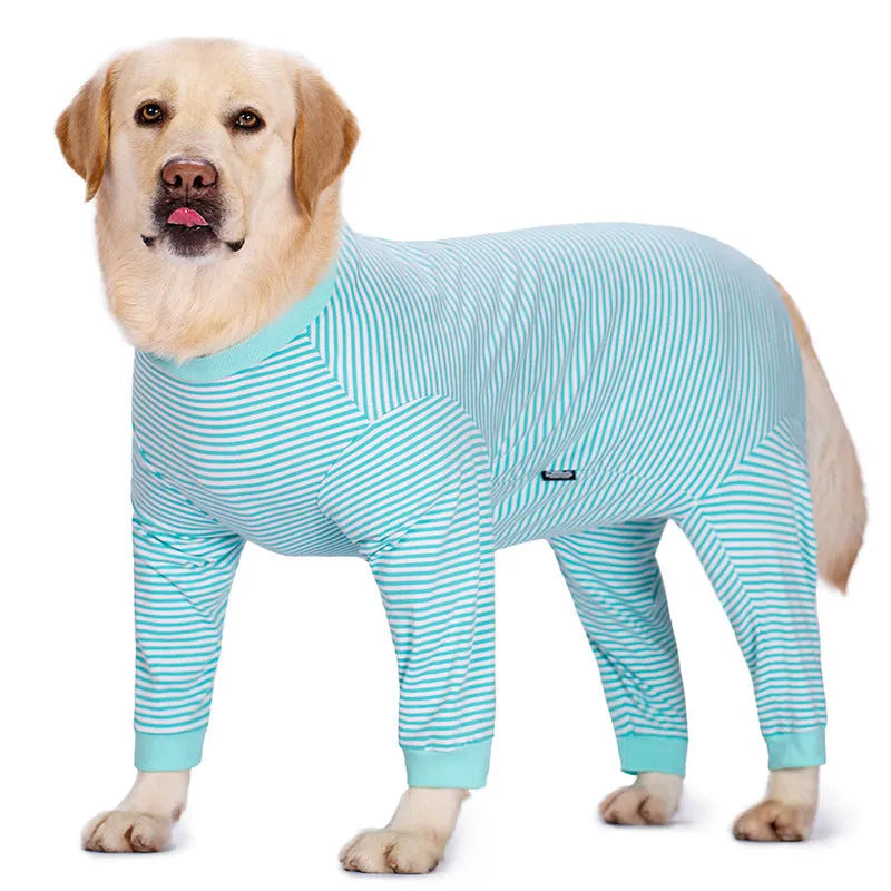 Striped four-legged dog shirt on a mannequin showing sky blue, black dark blue stripe, and brown colour options.