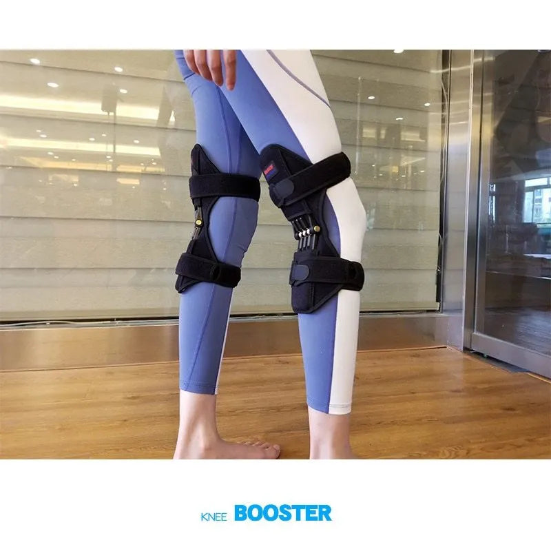 Adjustable spring knee brace with breathable fabric shown in black colour