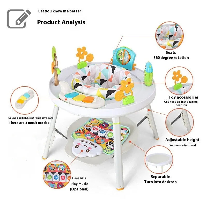Plastic baby jumping chair with overhead gymnastics rack and toy attachments in Yaya duck design