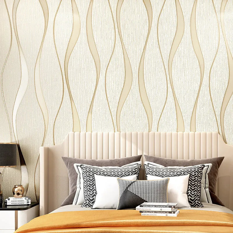 Curve stripe pattern 3D wallpaper roll in light grey and dark brown deerskin velvet colours
