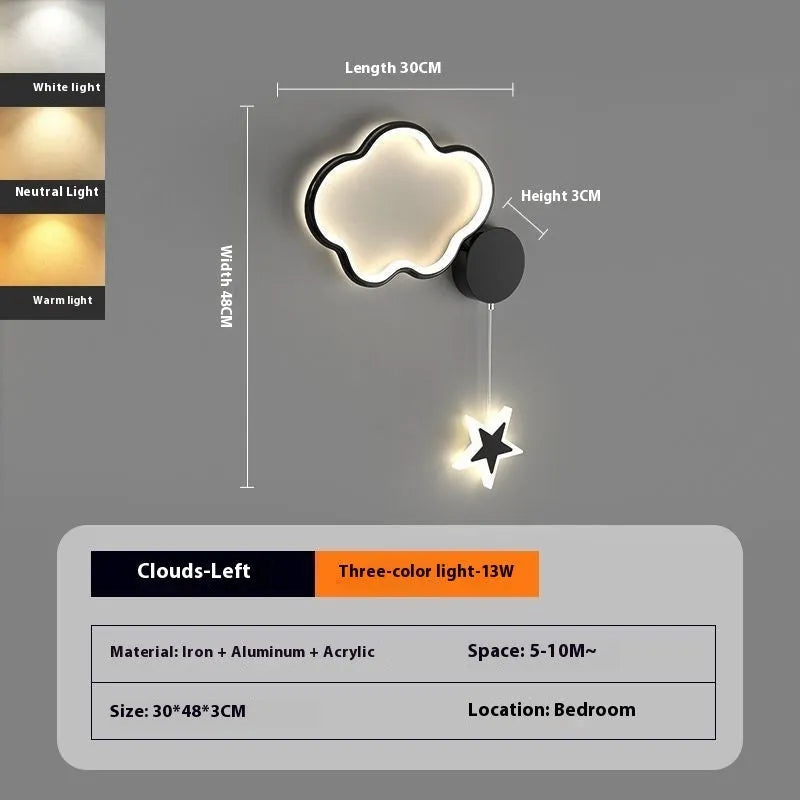 Five-pointed star bedside wall lamp for children's room in celestial cloud, moon, and star designs