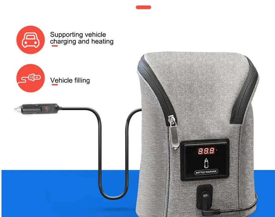 Grey portable car USB baby bottle warmer with digital display and hanging buckle for travel