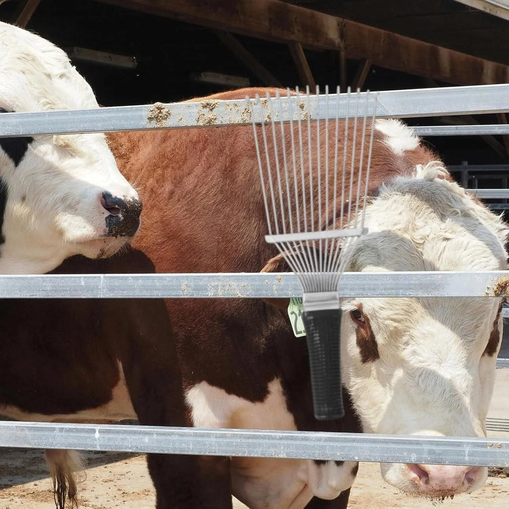 Stainless steel dematting brush rake comb for pet and livestock grooming.