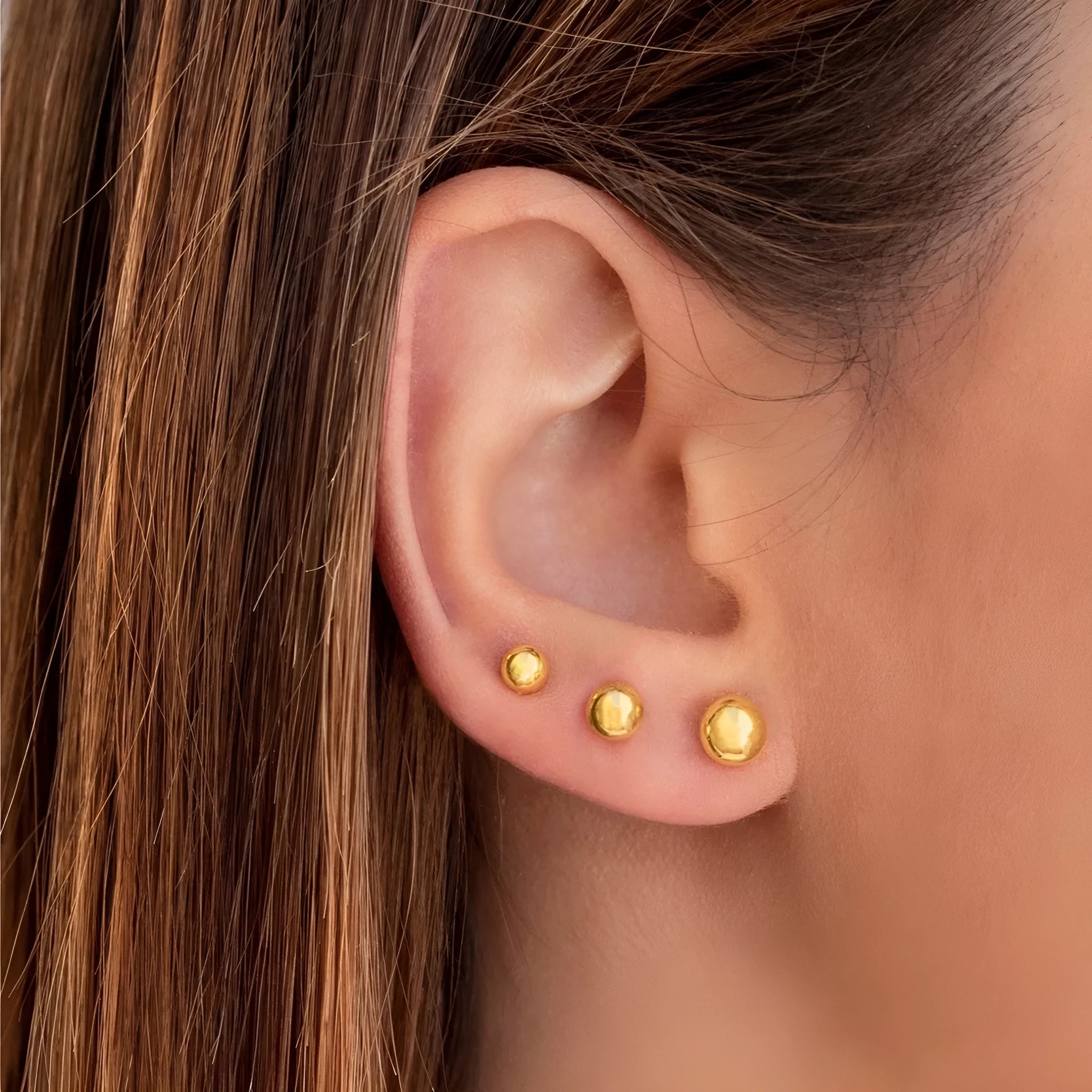 Minimalist 18K gold plated titanium steel ball stud earrings in 3mm, 4mm, 5mm, and 6mm sizes for women.