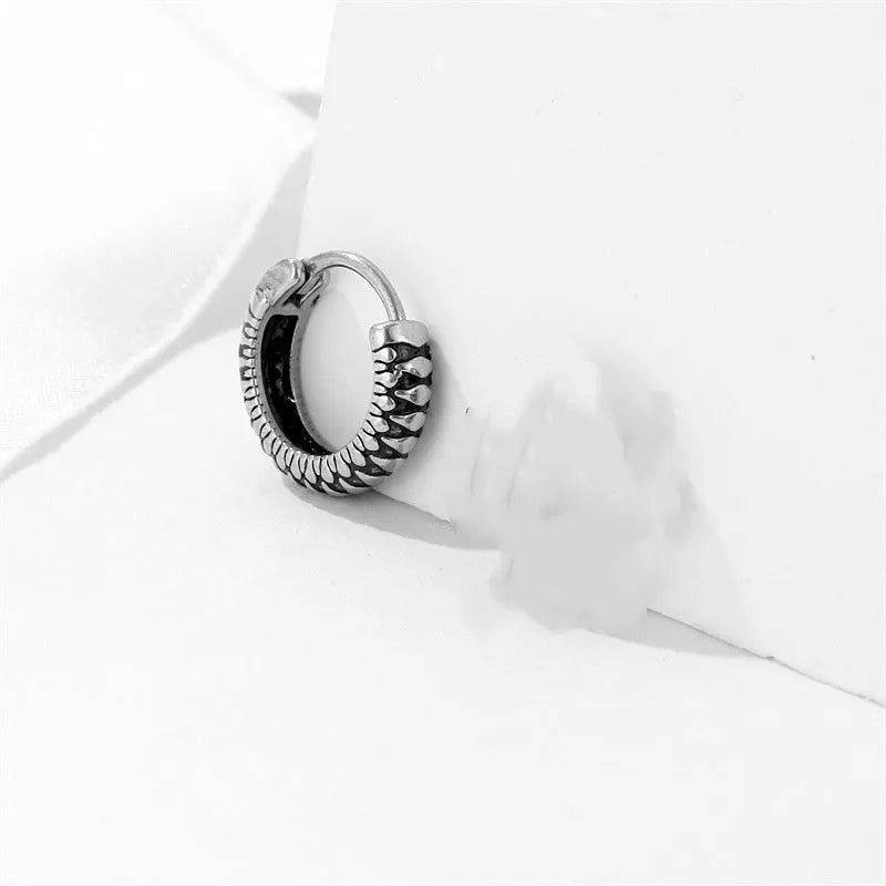 Silver geometric earrings with striped retro design made from stainless steel.