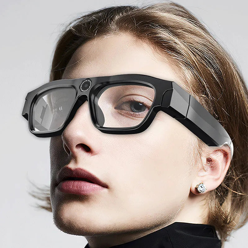 Black head-mounted smart Bluetooth glasses with transparent lenses for video recording