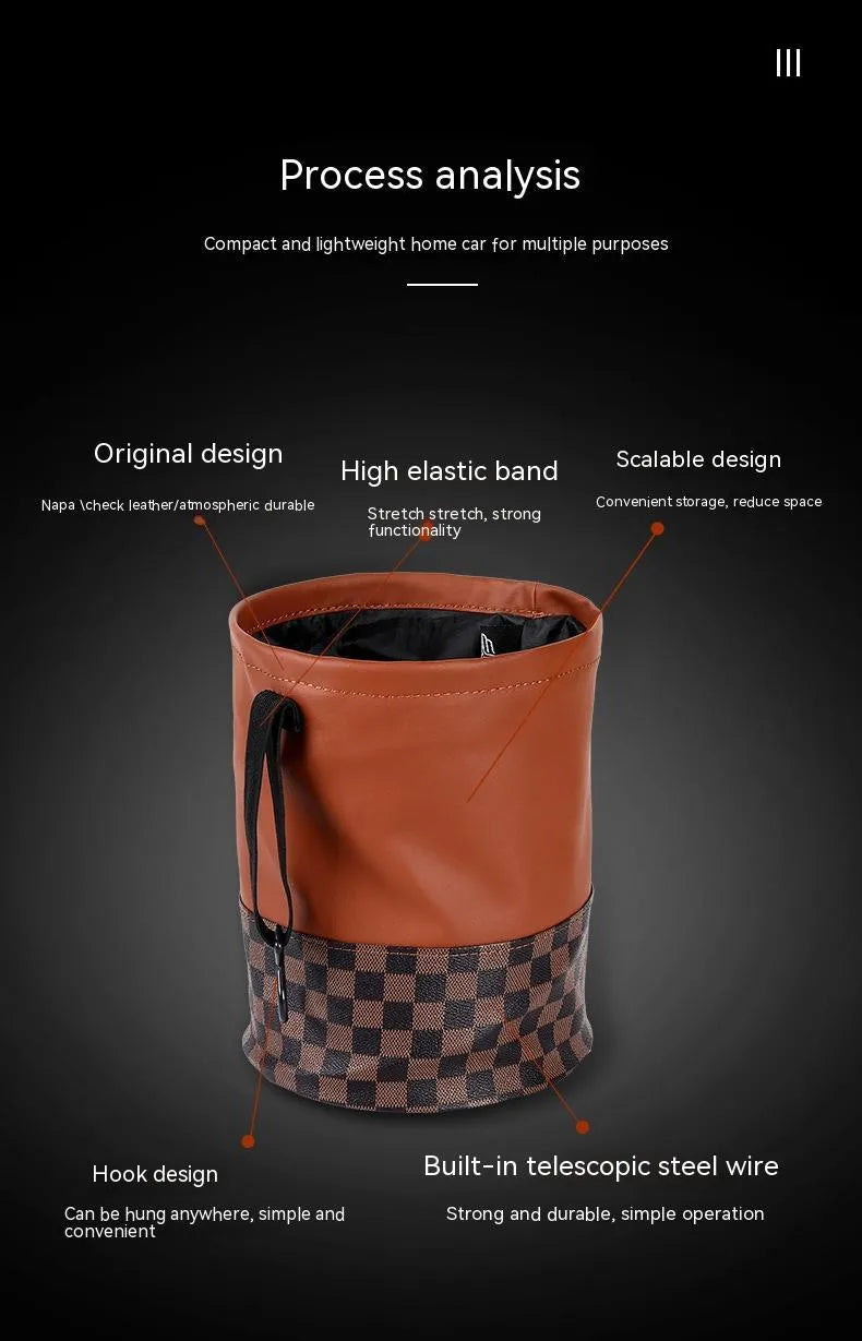Retractable leather car interior bin showing waterproof construction with handle and folding mechanism