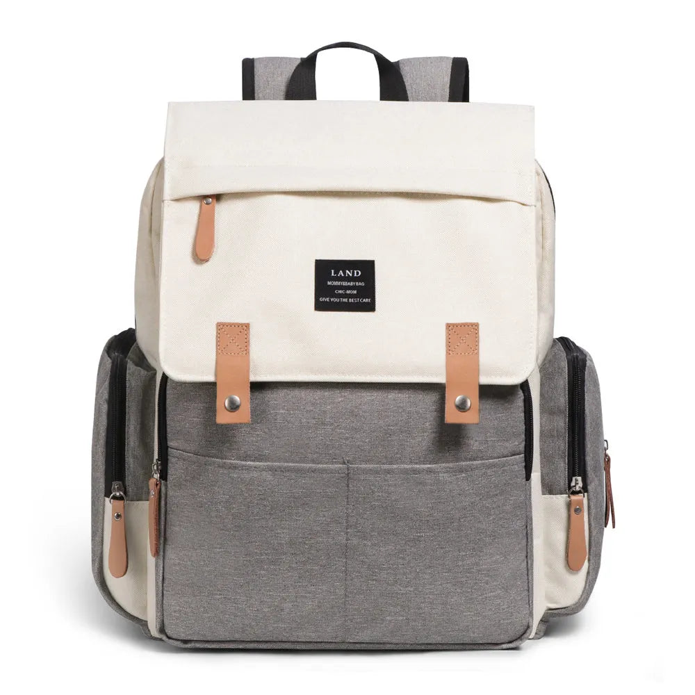 LAND grey Oxford cloth mum diaper backpack with changing mat, shown with dimensions