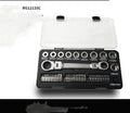 Dual-purpose ratchet wrench set with reversible handle, ten sockets, and three screwdriver bits laid out on a surface.