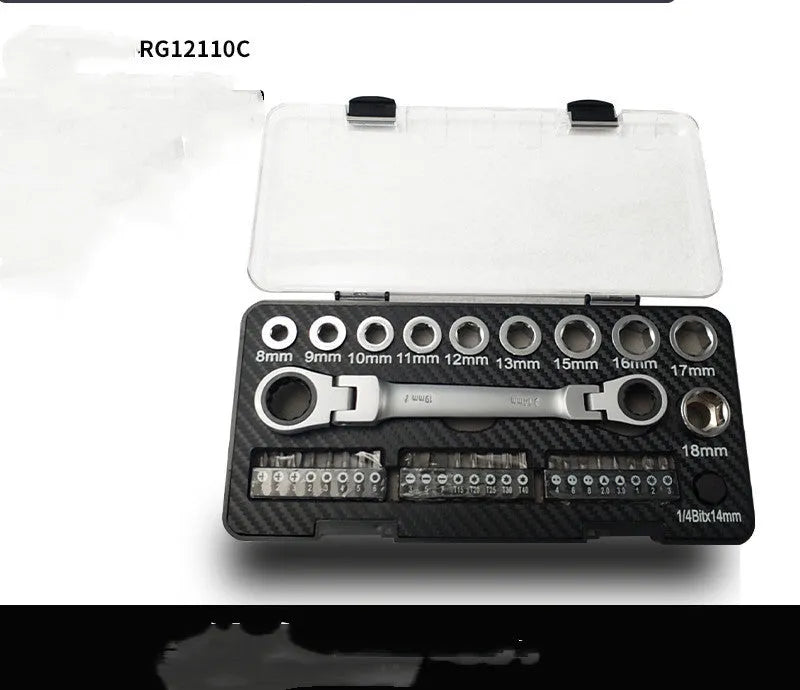 Dual-purpose ratchet wrench set with reversible handle, ten sockets, and three screwdriver bits laid out on a surface.