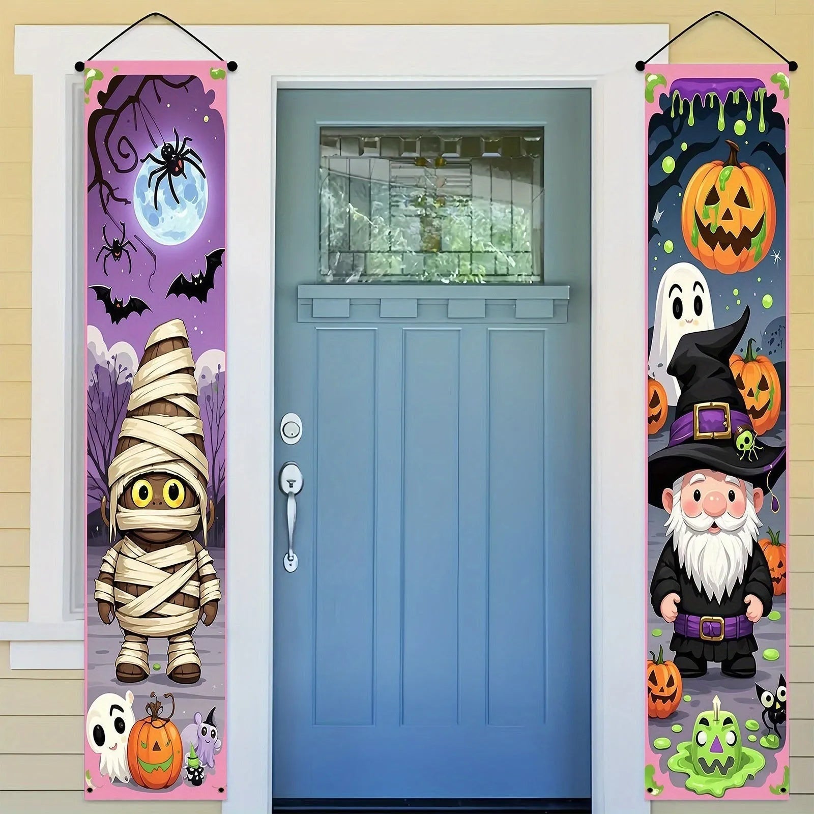 Pair of vertical Halloween couplet banners in polyester fabric measuring 30x180cm for holiday decoration