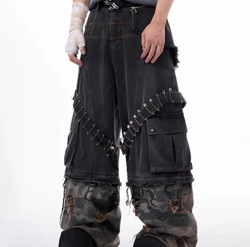 Men's grey jeans with camouflage splicing pattern and pin ribbon detailing