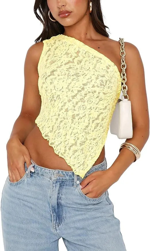 Women's lace backless top with asymmetrical neckline in solid colour