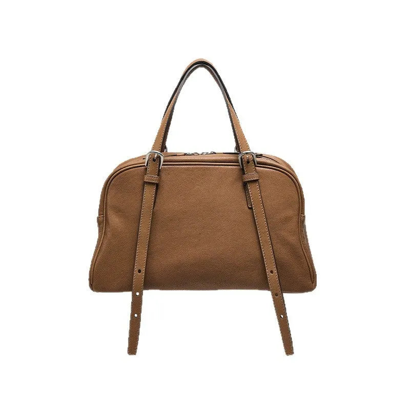 Women's retro genuine leather shoulder bag in horizontal square design with dual straps