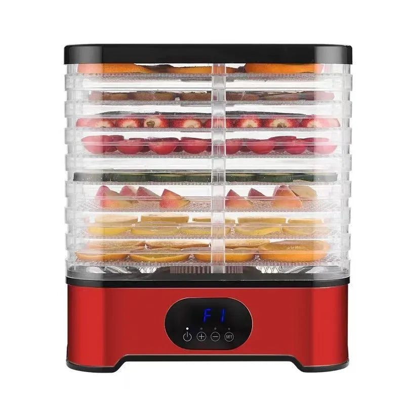 Silver or red household food dehydrator with eight drying trays showing compact storage dimensions