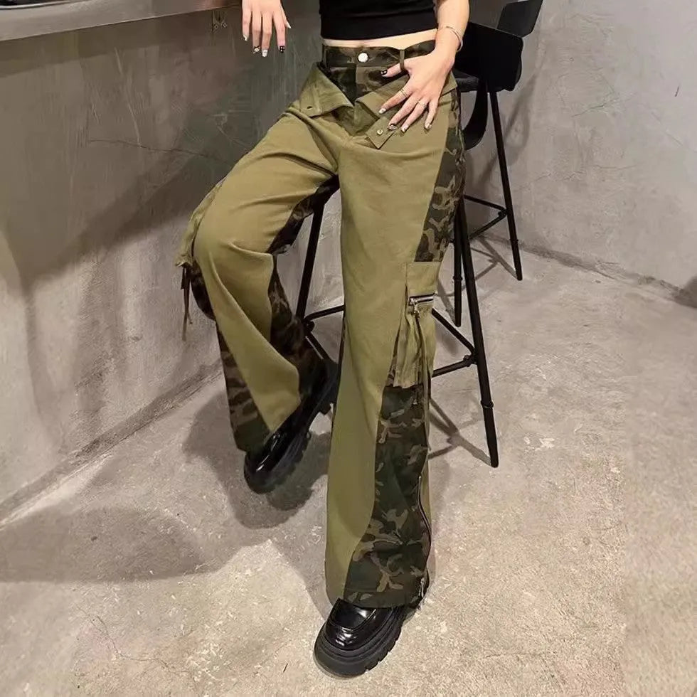 Dark khaki leopard print high waist jeans with fake two-stitching design on straight leg cotton denim trousers
