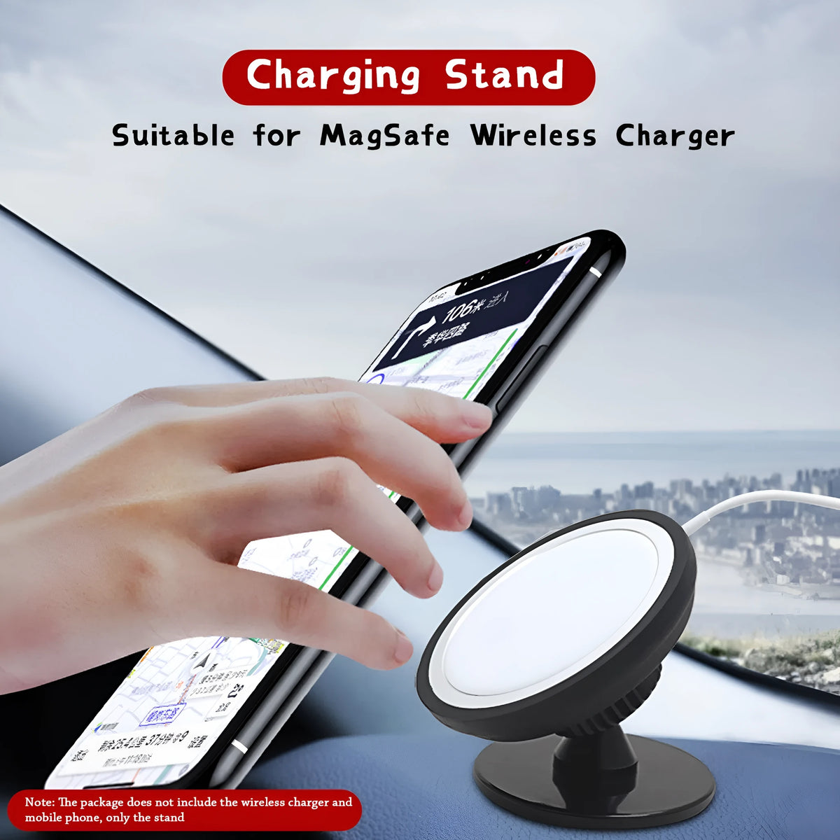 Black magnetic car phone holder mounted on vehicle air vent with smartphone attached, showing 360° rotation capability