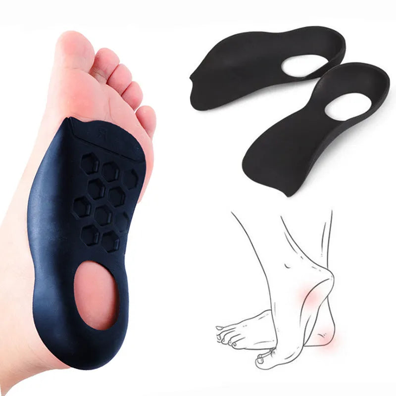 TPR arch support varus correction insole in white, black, and skin colour, showing size S and L.