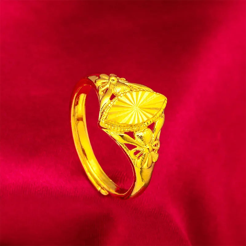 Girls' alluvial gold geometric ring with open diamond flower pattern and textured brass construction