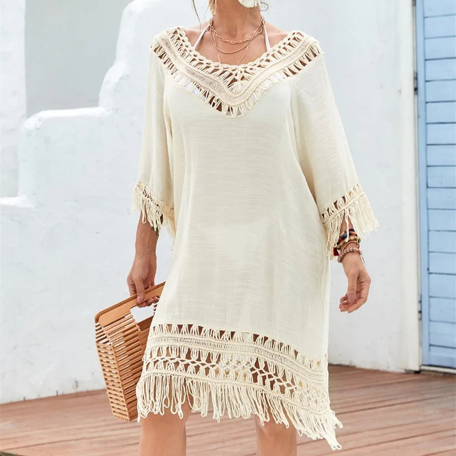 Apricot crocheted patchwork beach dress with regular sleeves and mid-length skirt