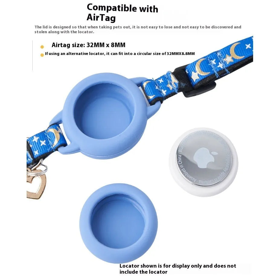 Plastic Apple AirTag protective case for cat collars in pink, showing adjustable sizing.
