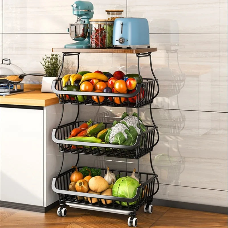 Black freestanding kitchen storage trolley with six shelves
