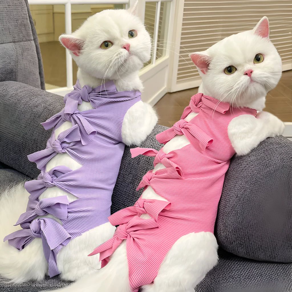 Lace-up polyester cat recovery suit for post-surgery care in blue, shown on a cat mannequin.