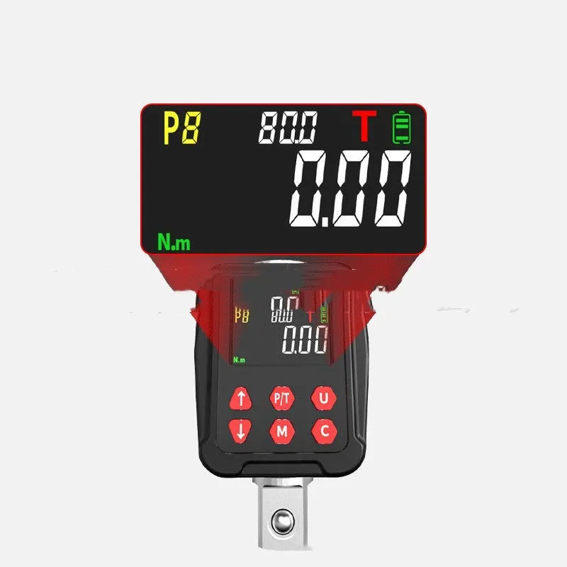 Digital torque meter with LCD screen and 1/2 inch drive, part of a three-piece metal toolkit.