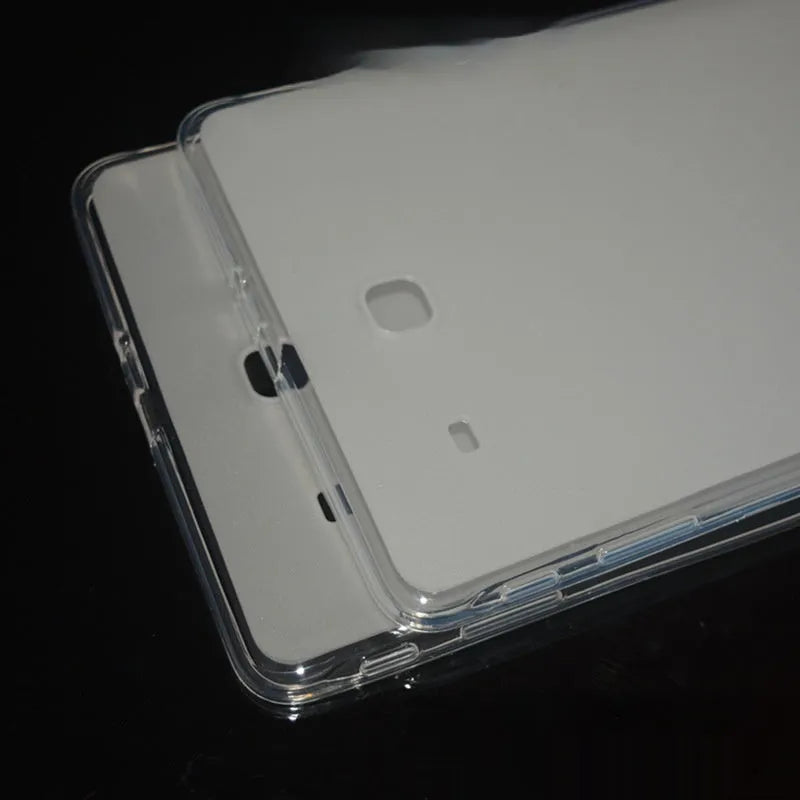 Clear transparent white ultra-thin silicone protective case for a tablet on a white background.