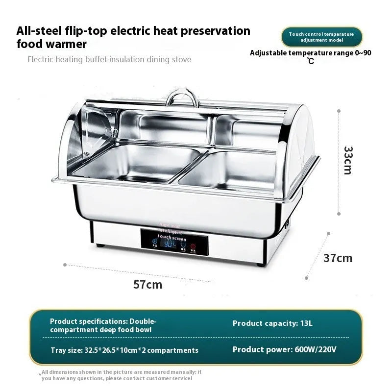Stainless steel electric buffet food warmer with transparent flip lid and LCD control screen.