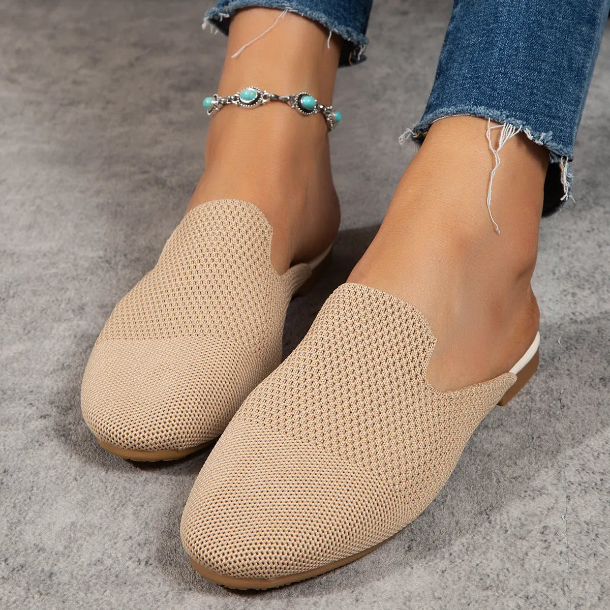 Mesh slip-on sandals in apricot colour with round toe and flat rubber sole